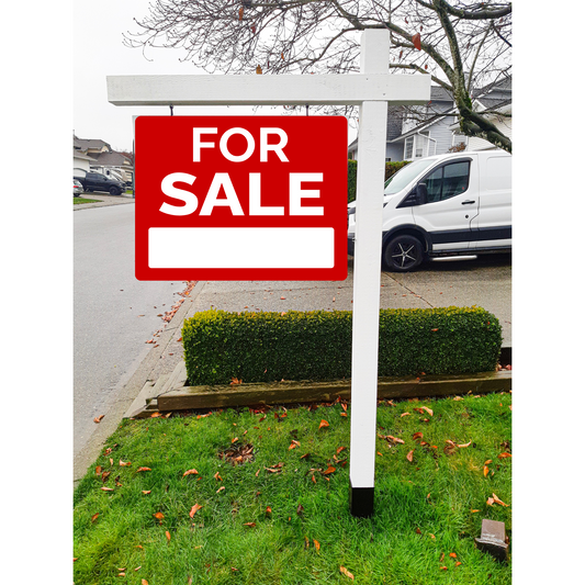 Real estate sign post for sale stands 78"H above ground The Arm of the For Sale Sign Post extends 38" out Maximum for sale sign size supported by real estate post is 36"Wx48"H
